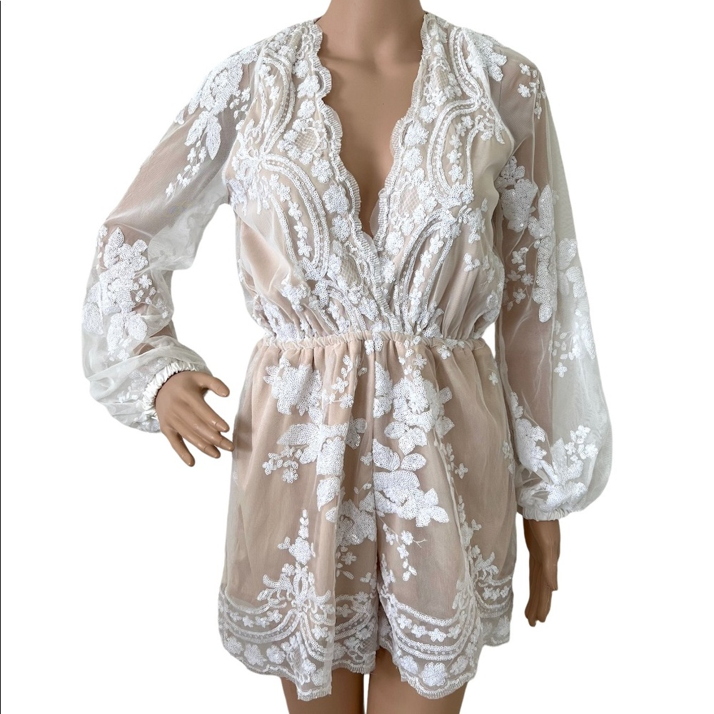 Womens White Glitter Short Romper Holiday Party